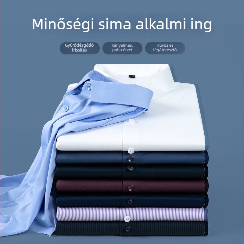 Férfi Mulberry selyemből készült ing, kiváló minőségű, rövid ujjú, üzleti stílus, vasalásmentes, egyszínű, egyedi logóval