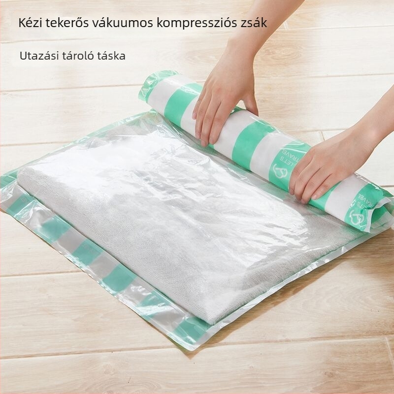 Kézzel görgő vákuumkompressziós tasak utazáshoz és ruhatároláshoz, görgős típus, pumpa nélkül, méretek 35x50, 40x60, 50x70 cm