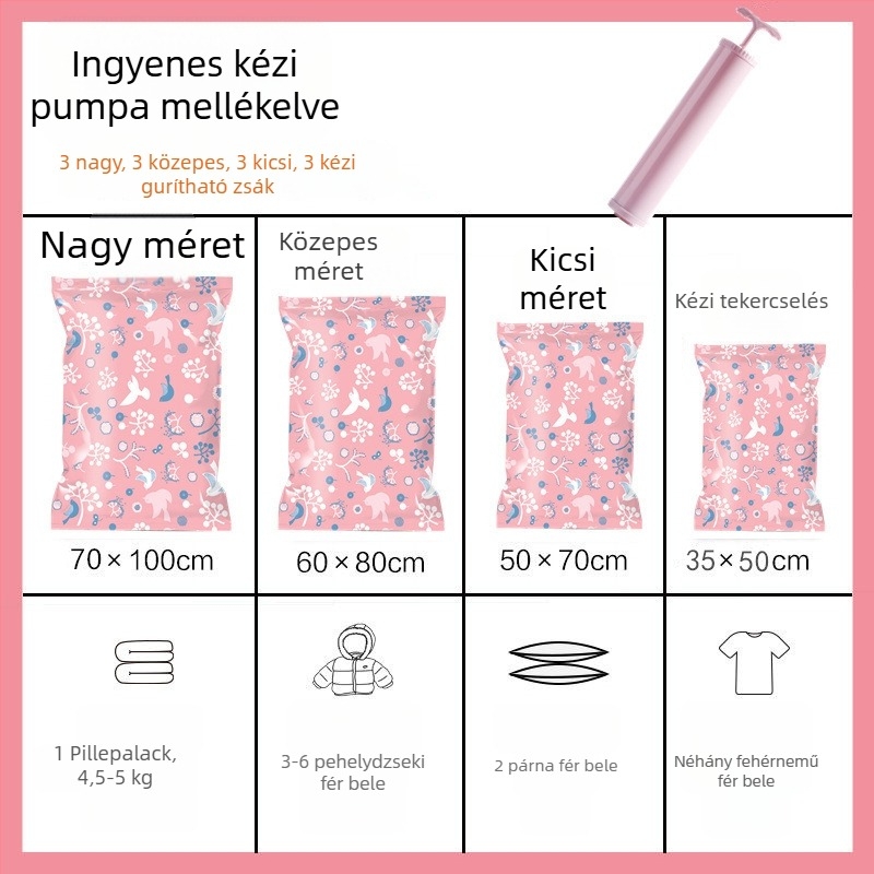 Nagy méretű vákuum-kompressziós zsák kézi pumpával, ruhák és paplanok tárolására