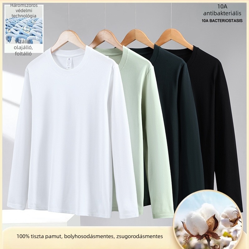 Férfi antibakteriális hosszú ujjú póló, lágy combed cotton anyagból, vízálló, olaj- és szennyeződésálló, kerek nyakú