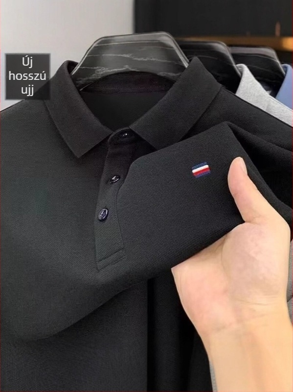 Férfi hosszú ujjú póló galléros, hímzett részletekkel, piqué anyag, laza szabás, mindennapi és üzleti megjelenés