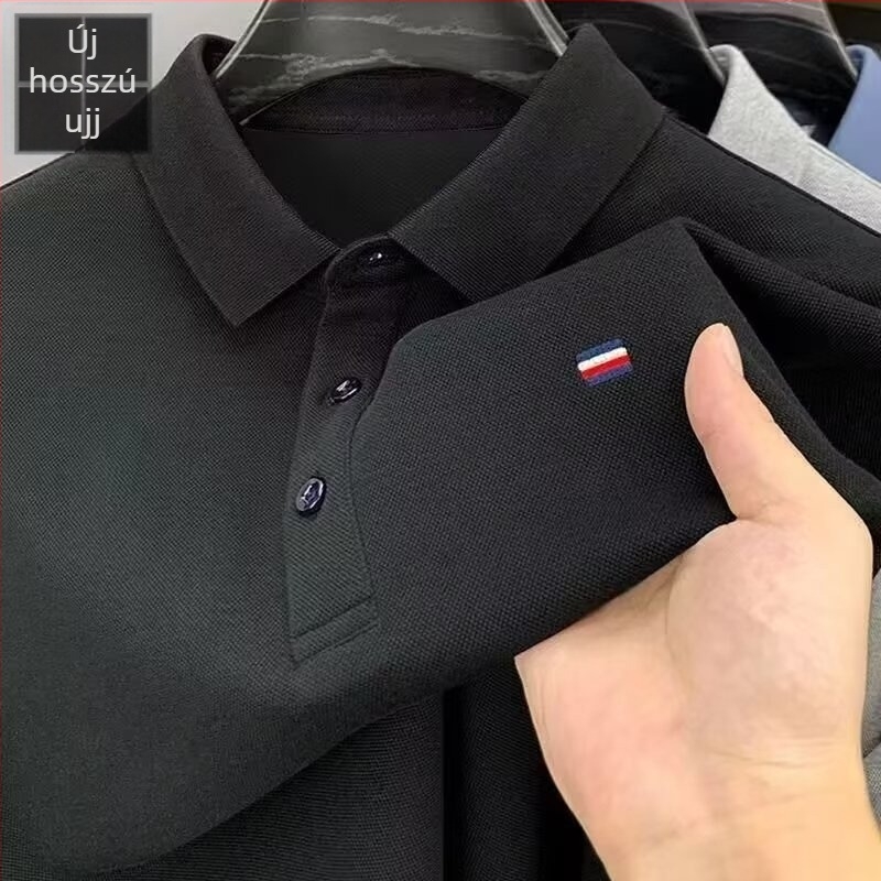 Férfi hosszú ujjú póló galléros, hímzett részletekkel, piqué anyag, laza szabás, mindennapi és üzleti megjelenés