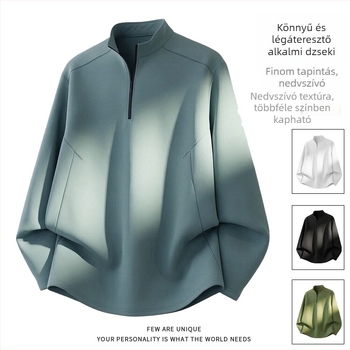 Férfi egyszínű sportos hosszú ujjú T-shirt gyorsan száradó ice silk anyagból, állógalléros kivitel, kényelmes mindennapi viselet és kültéri tevékenységekhez, tavasz-nyár 2026.