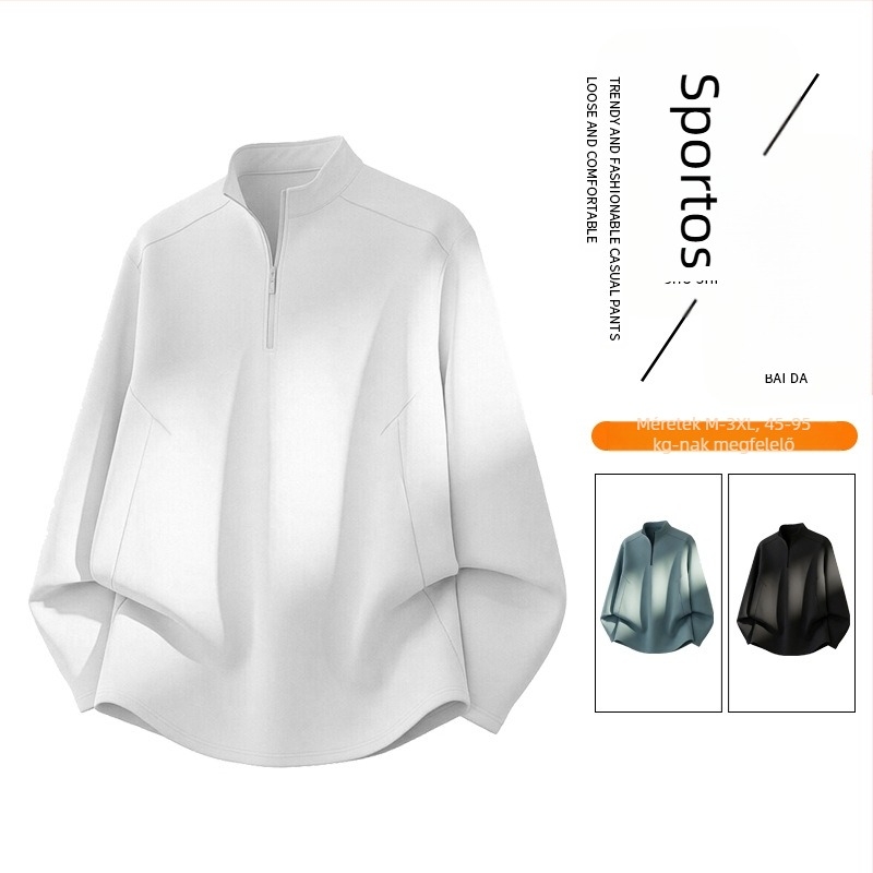 Férfi egyszínű sportos hosszú ujjú T-shirt gyorsan száradó ice silk anyagból, állógalléros kivitel, kényelmes mindennapi viselet és kültéri tevékenységekhez, tavasz-nyár 2026.