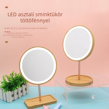 LED asztali sminktükör fa alapzattal, hordozható kompakt sminktükör kollégiumi szobához és hálószobához