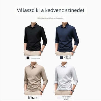 Férfi hosszú ujjú póló reveres gallérral, egyszínű, bő szabás, mindennapi és üzleti stílushoz