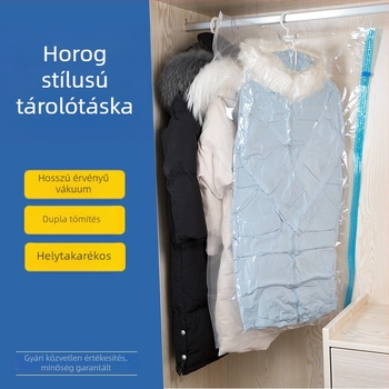 Akasztó típusú vákuum-tömörítő tasak, 105×70 cm, nagy kapacitású kabátok tárolására