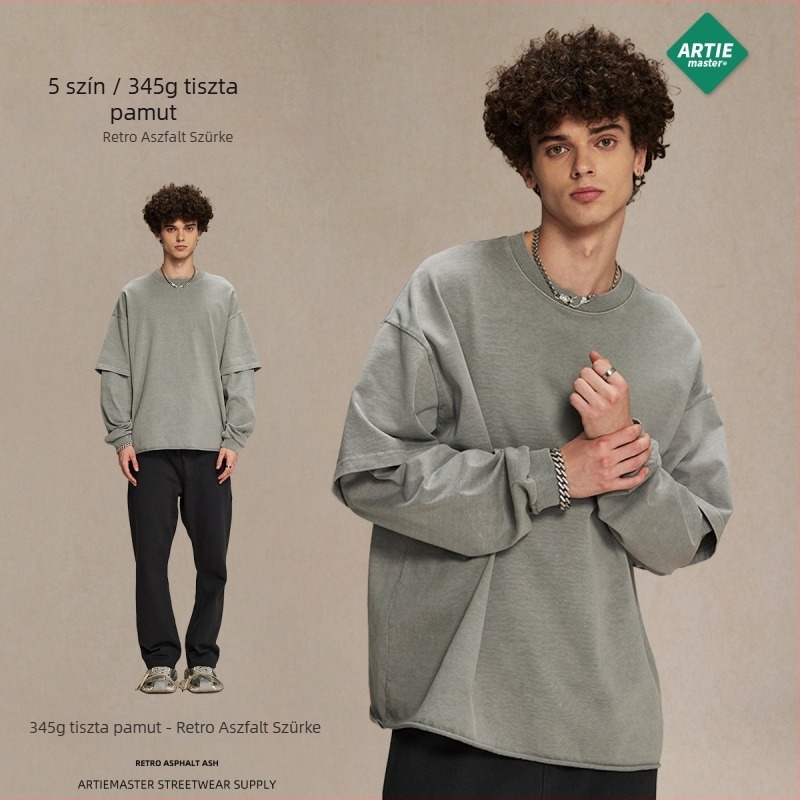 2026 őszi retro stílusú férfi hosszú ujjú felső, hamis két részes hatás, kerek nyak, street style, 100% pamut
