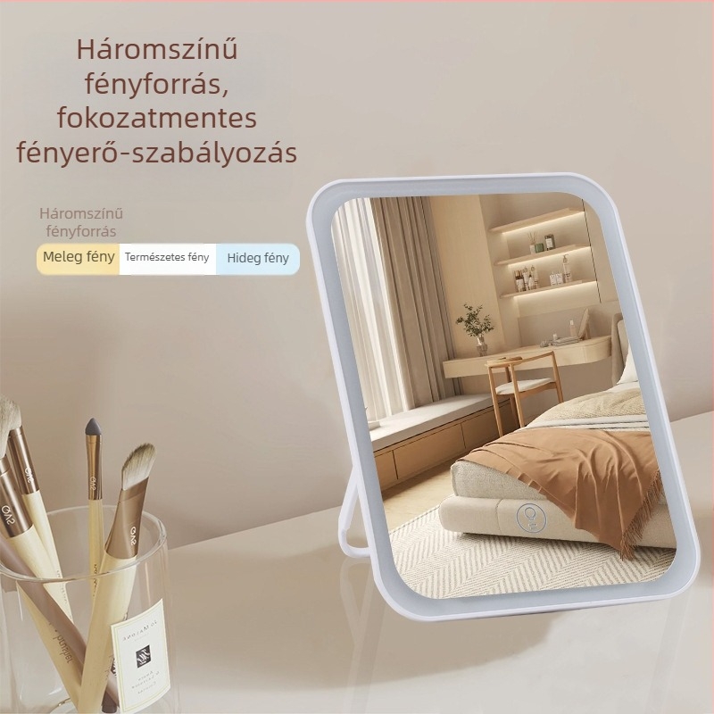 Új LED smink-tükör világítással, diákok számára, kompakt asztali tükör háromszínű megvilágítással