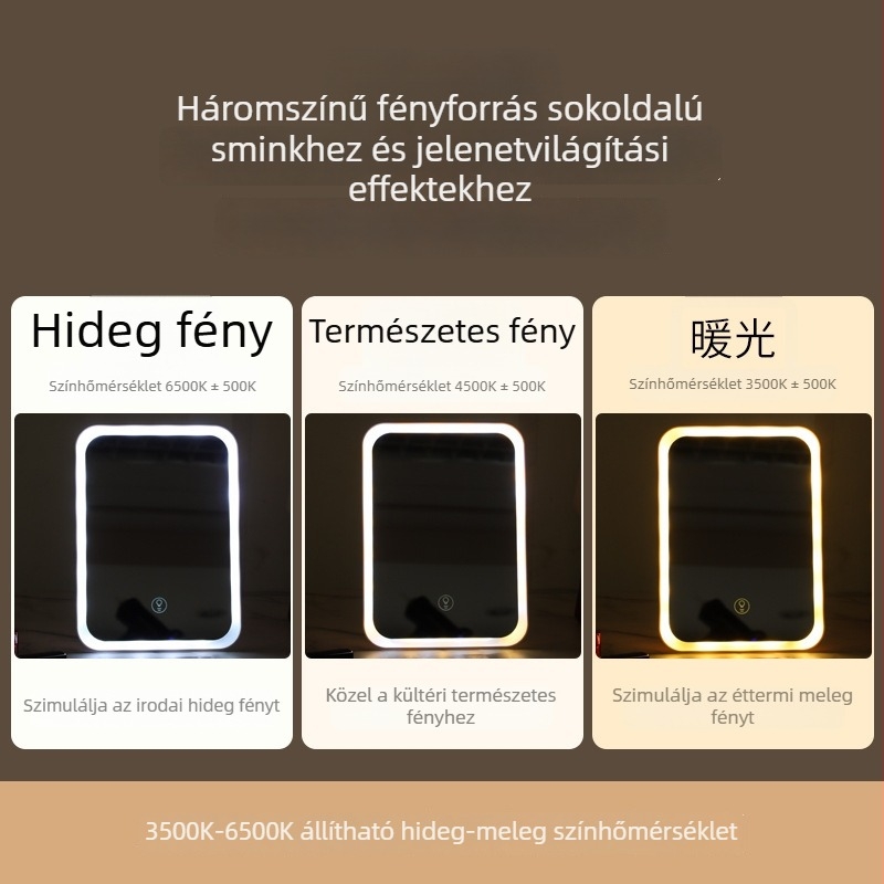 Új LED smink-tükör világítással, diákok számára, kompakt asztali tükör háromszínű megvilágítással
