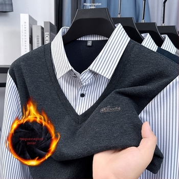 Férfi hosszú ujjú kötött felső fleece-béléssel, csíkos, őszi-téli