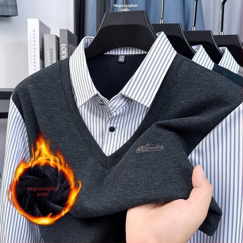 Férfi hosszú ujjú kötött felső fleece-béléssel, csíkos, őszi-téli