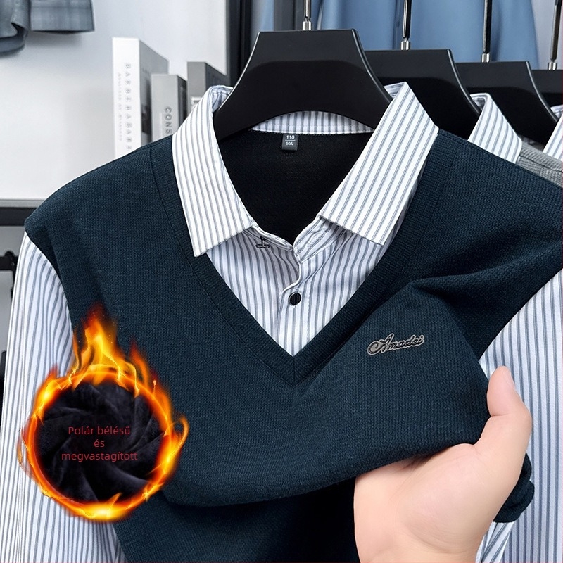 Férfi hosszú ujjú kötött felső fleece-béléssel, csíkos, őszi-téli