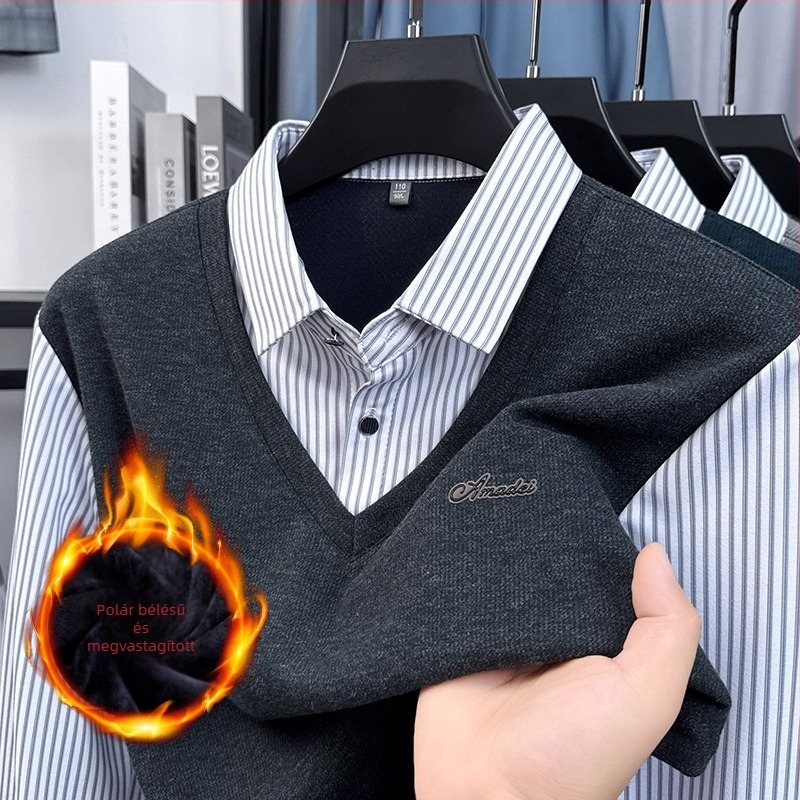 Férfi hosszú ujjú kötött felső fleece-béléssel, csíkos, őszi-téli