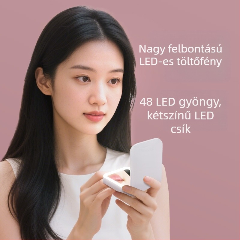 Háromszínű LED sminktükör, kompakt utazó tükör beépített power bankkal, két az egyben kézben tartható mini tükör
