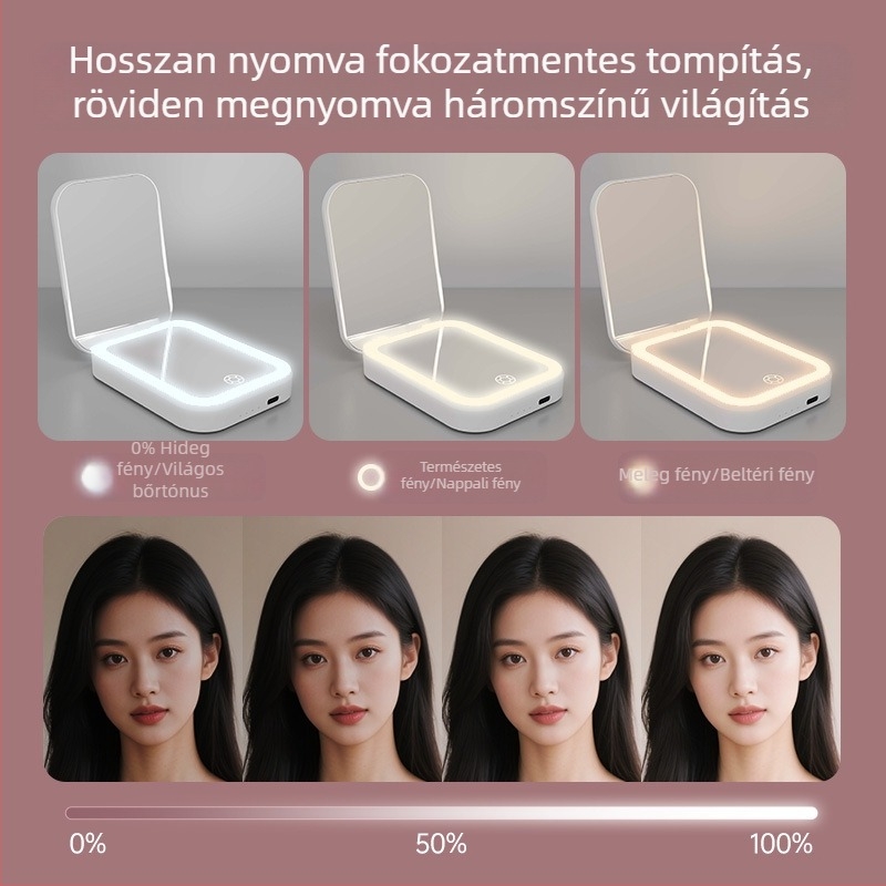 Háromszínű LED sminktükör, kompakt utazó tükör beépített power bankkal, két az egyben kézben tartható mini tükör