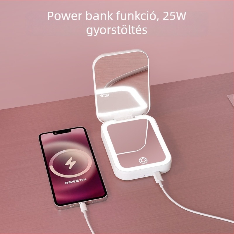 Háromszínű LED sminktükör, kompakt utazó tükör beépített power bankkal, két az egyben kézben tartható mini tükör
