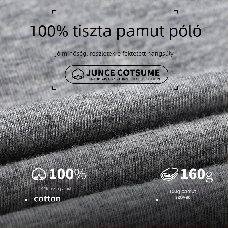 Férfi pamut V-nyakú rövid ujjú póló elöl gombos, egyszínű, karcsú szabás, nyári casual top.