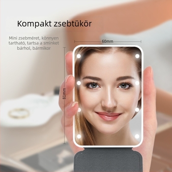 LED világítású sminktükör, hordozható, bőr tokban, összecsukható mini tükör