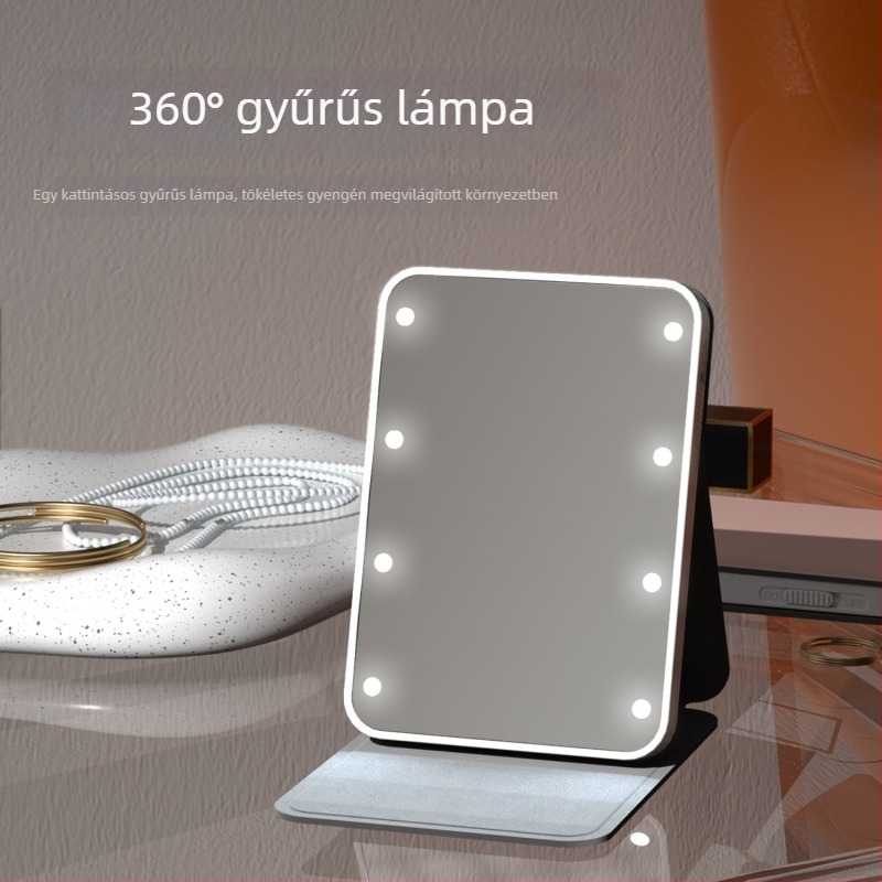 LED világítású sminktükör, hordozható, bőr tokban, összecsukható mini tükör