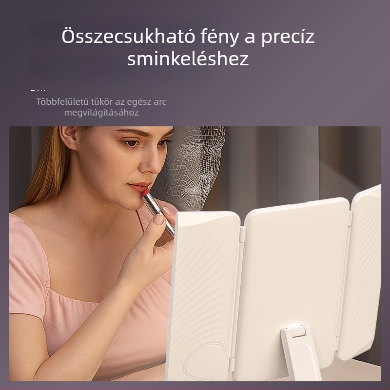 Smink tükör világítással, újratölthető, háromszínű világítás-beállítás, 2x és 5x nagyítás, hordozható asztali összecsukható tükör