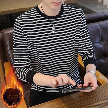Férfi csíkos fleece-béléssel ellátott hosszú ujjú T-shirt, kerek nyakú, üzleti-casual stílus