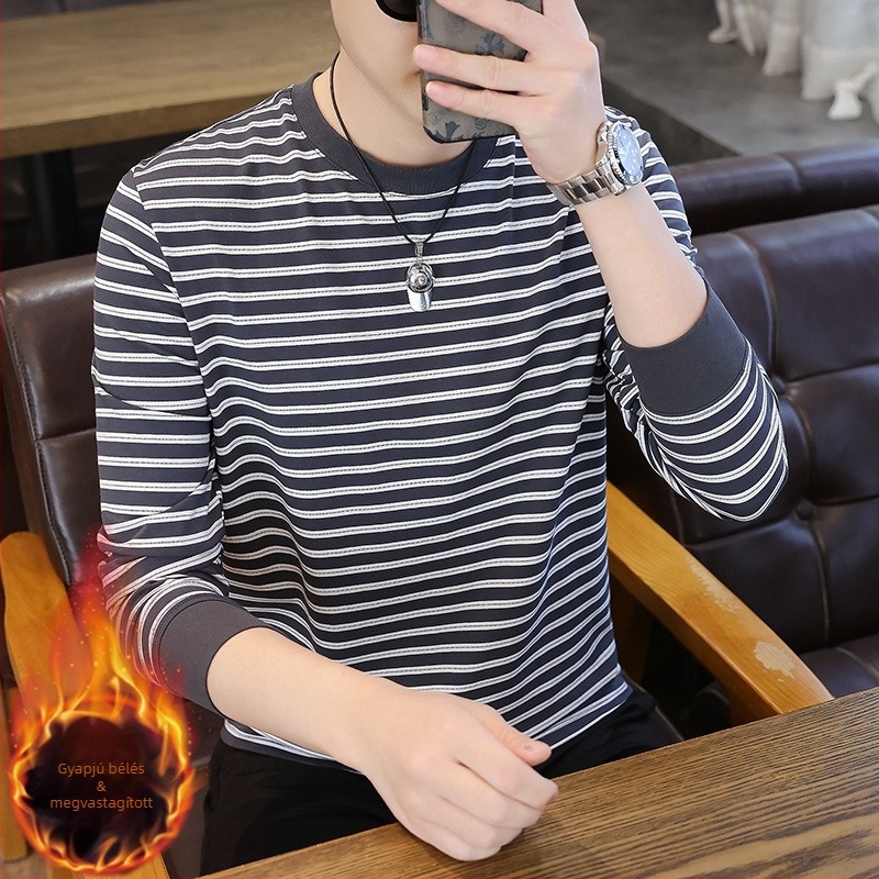 Férfi csíkos fleece-béléssel ellátott hosszú ujjú T-shirt, kerek nyakú, üzleti-casual stílus