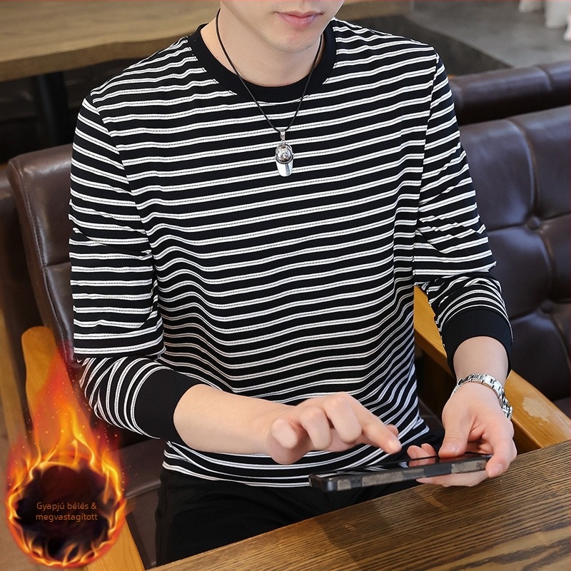 Férfi csíkos fleece-béléssel ellátott hosszú ujjú T-shirt, kerek nyakú, üzleti-casual stílus