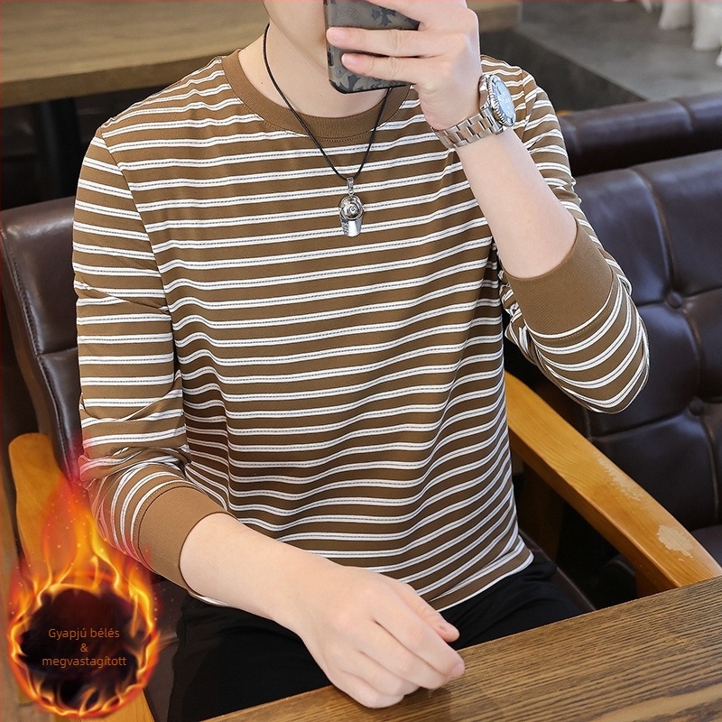 Férfi csíkos fleece-béléssel ellátott hosszú ujjú T-shirt, kerek nyakú, üzleti-casual stílus