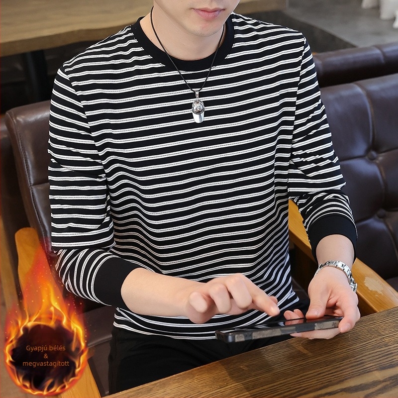 Férfi csíkos fleece-béléssel ellátott hosszú ujjú T-shirt, kerek nyakú, üzleti-casual stílus