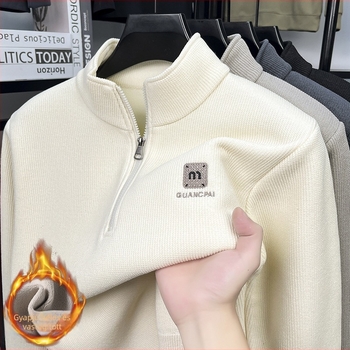 Férfi félcipzáros, állógalléros, fleece-betétes vastag pulóver, hosszú ujjú, őszi-téli alapréteg