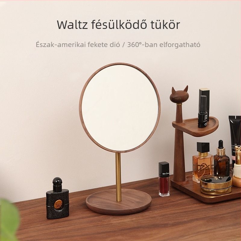 Diófából készült tömörfa sminktükör asztali használatra, HD tükör, 360°-os forgás