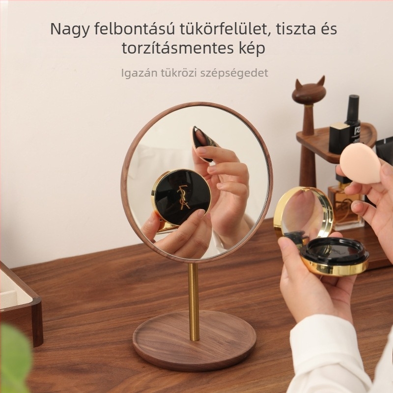Diófából készült tömörfa sminktükör asztali használatra, HD tükör, 360°-os forgás