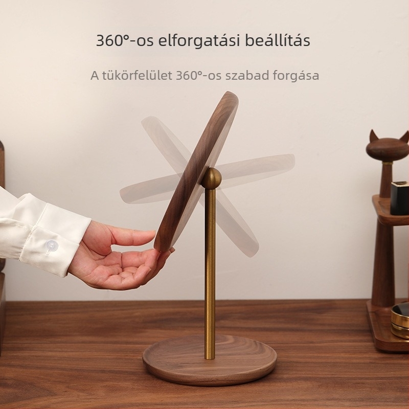 Diófából készült tömörfa sminktükör asztali használatra, HD tükör, 360°-os forgás