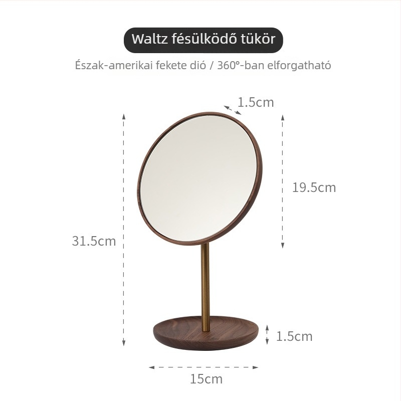 Diófából készült tömörfa sminktükör asztali használatra, HD tükör, 360°-os forgás