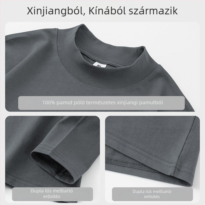 Férfi 100% pamut félmagas galléros hosszú ujjú póló, könnyű őszi alapréteg, egyszínű