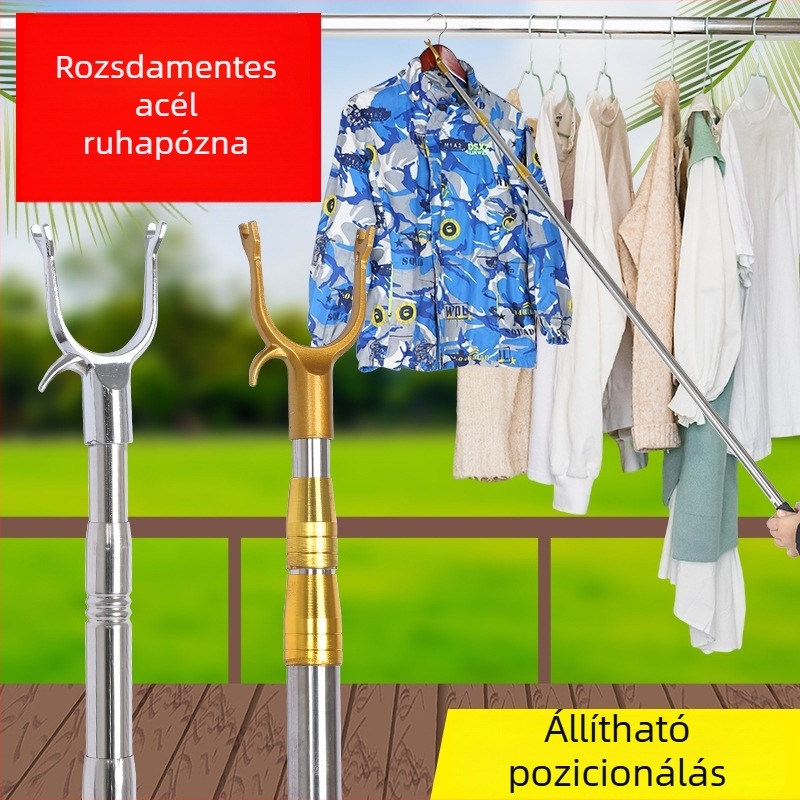 Teleszkópos rozsdamentes acél ruhaszárító rúd villa fejű végével, erkélyhez, 2,5–3 m hosszú