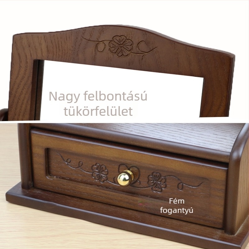 Fából készült asztali sminktükör fiókkal – mindent egyben, vintage összecsukható kozmetikai tükör otthonra