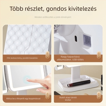 LED-es világítású háromoldalas összecsukható sminktükör asztali használatra, töltővel