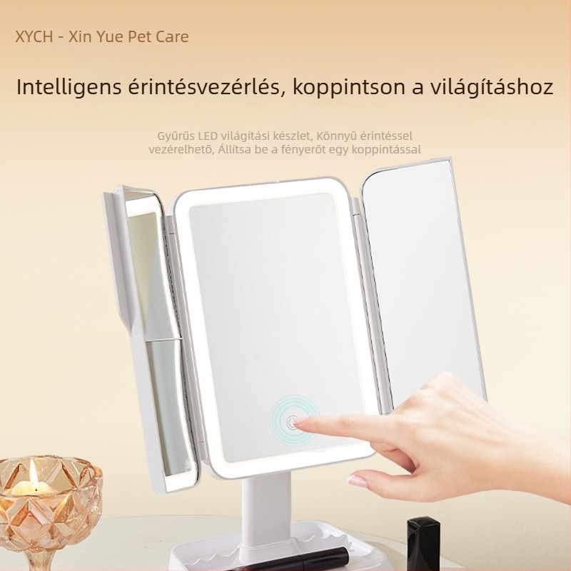 LED-es világítású háromoldalas összecsukható sminktükör asztali használatra, töltővel