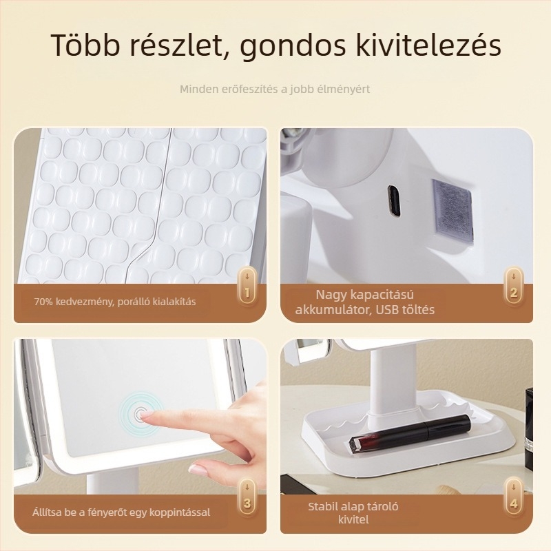 LED-es világítású háromoldalas összecsukható sminktükör asztali használatra, töltővel