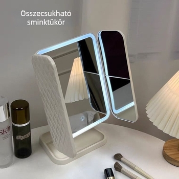 Asztali sminktükör LED világítással és tároló dobozzal, 2 az egyben összecsukható házzal, állítható tükör