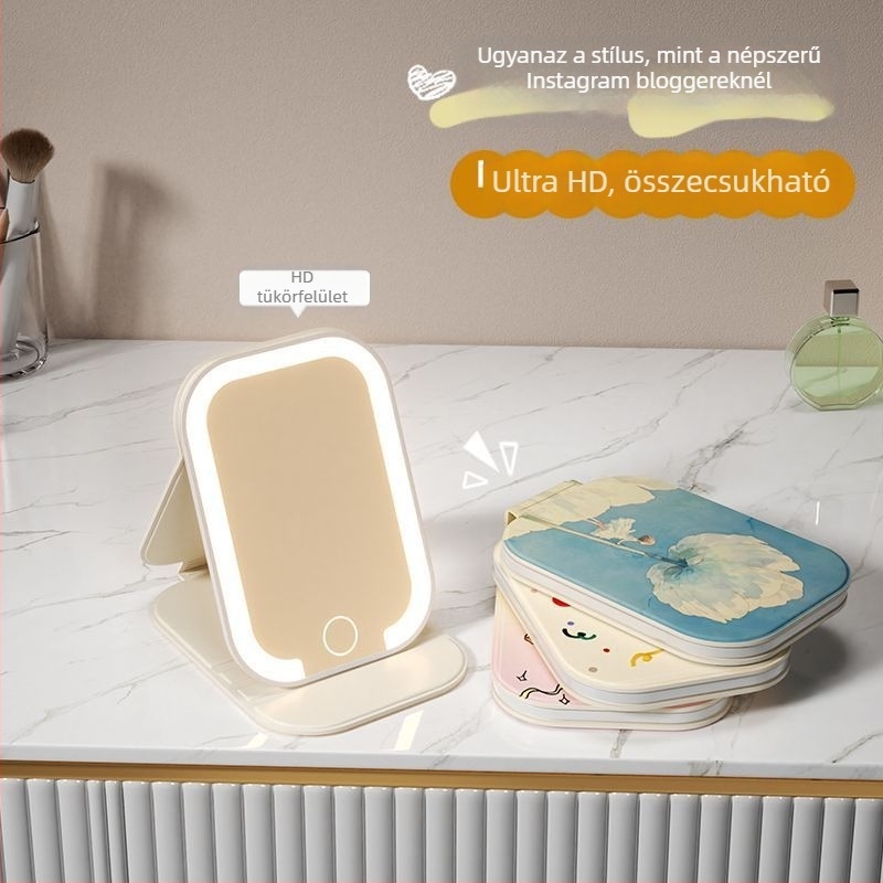 LED világítású sminktükör, hordozható, összecsukható asztali tükör otthonra, kollégiumba és utazáshoz.