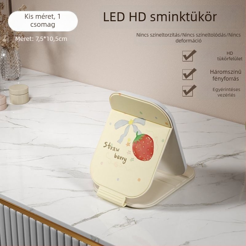 LED világítású sminktükör, hordozható, összecsukható asztali tükör otthonra, kollégiumba és utazáshoz.