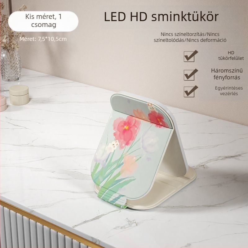 LED világítású sminktükör, hordozható, összecsukható asztali tükör otthonra, kollégiumba és utazáshoz.