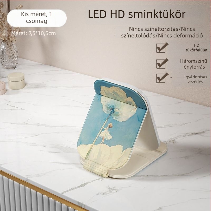 LED világítású sminktükör, hordozható, összecsukható asztali tükör otthonra, kollégiumba és utazáshoz.