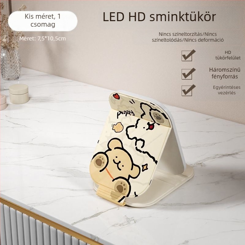 LED világítású sminktükör, hordozható, összecsukható asztali tükör otthonra, kollégiumba és utazáshoz.