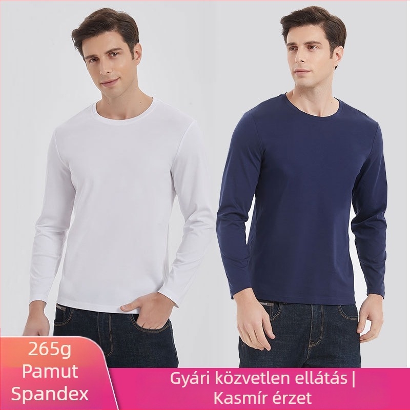 Férfi fehér pamut-spandex hosszú ujjú póló, kerek nyakú, prémium új modell, 265 g