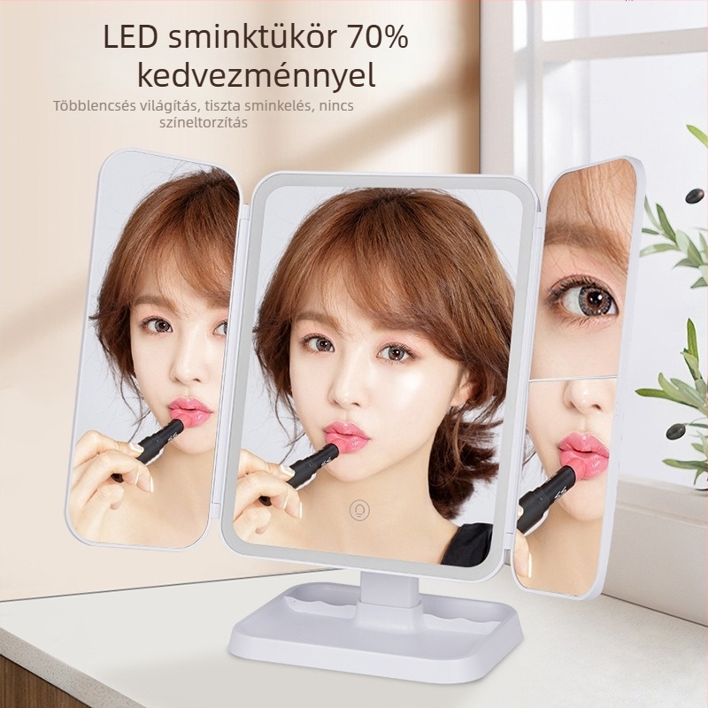 LED sminktükör világítással, asztali hárompaneles tükör, 180°-os forgás, érintőképernyő