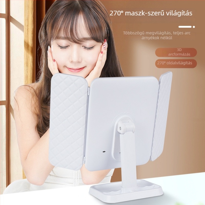 LED sminktükör világítással, asztali hárompaneles tükör, 180°-os forgás, érintőképernyő